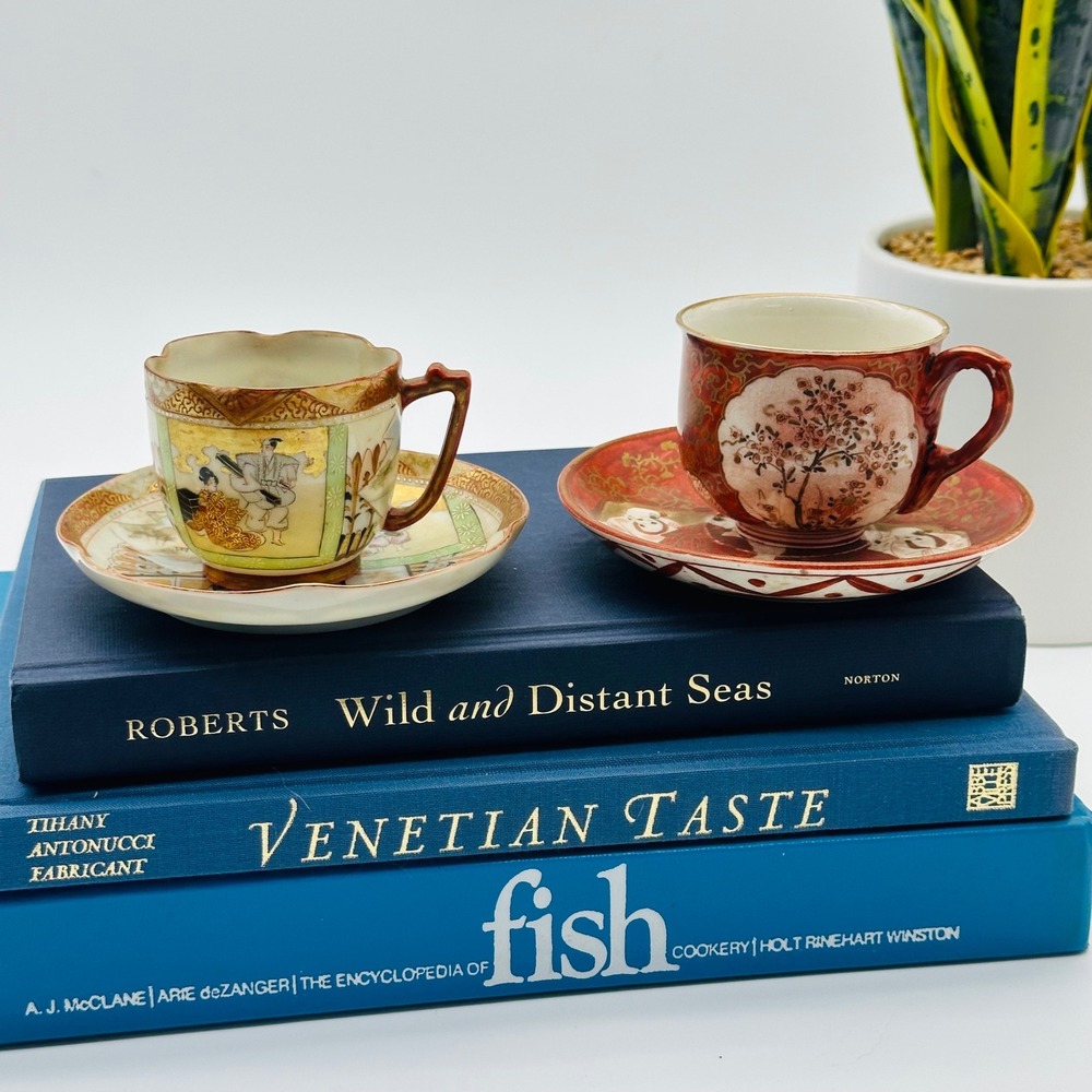 Japanese Antique Satsuma and Kutani Hand Painted Porcelain Tea Cup Saucer‎ Sets